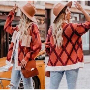 Polagram Parkside Patterned Knit Shacket Sherpa Trim Thick Winter Coat Women’s L